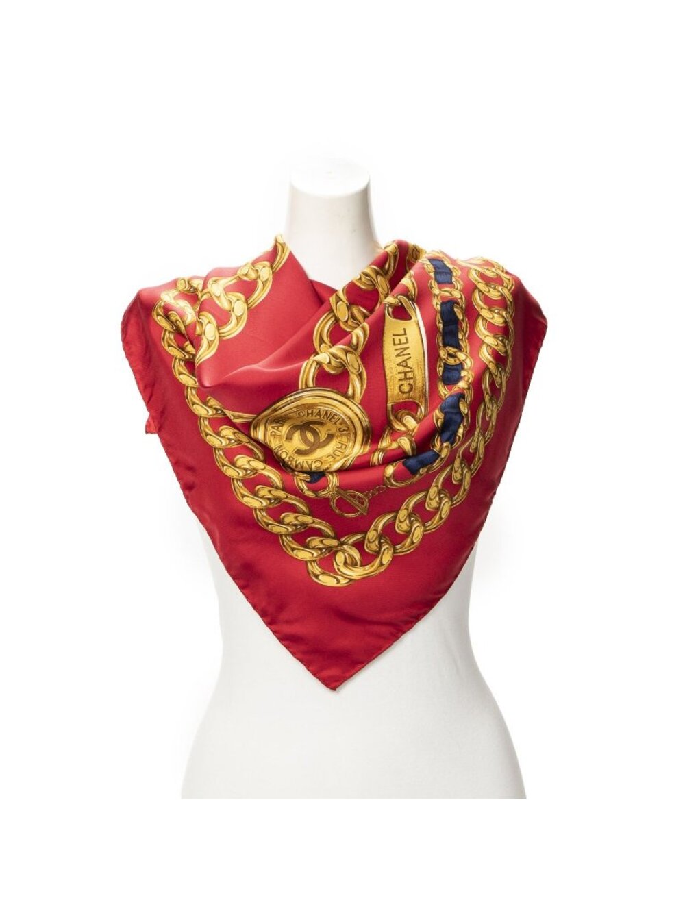 Chanel Scarf Red Gold Silk